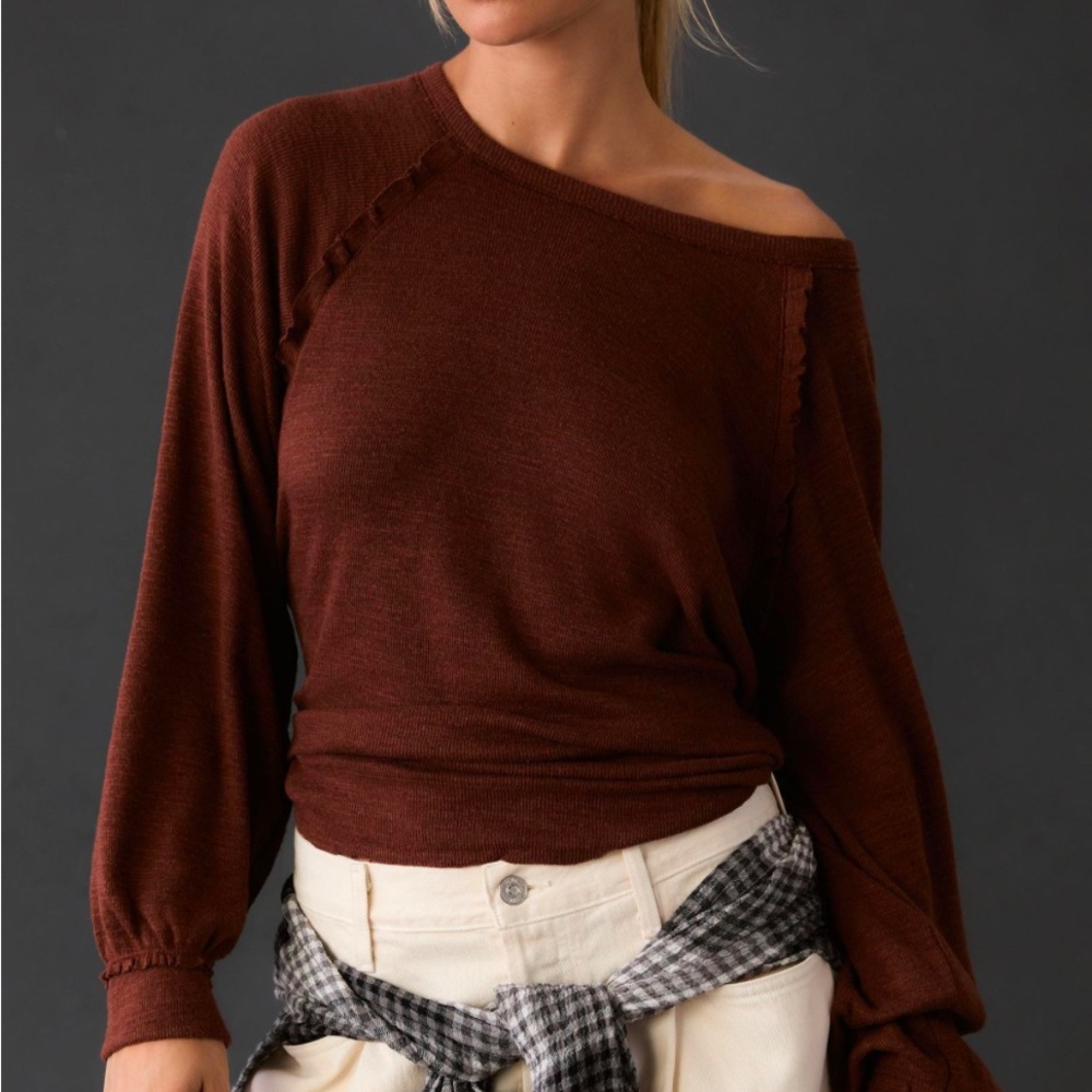 Pilcro Ruffled Raglan Thermal Top in brown